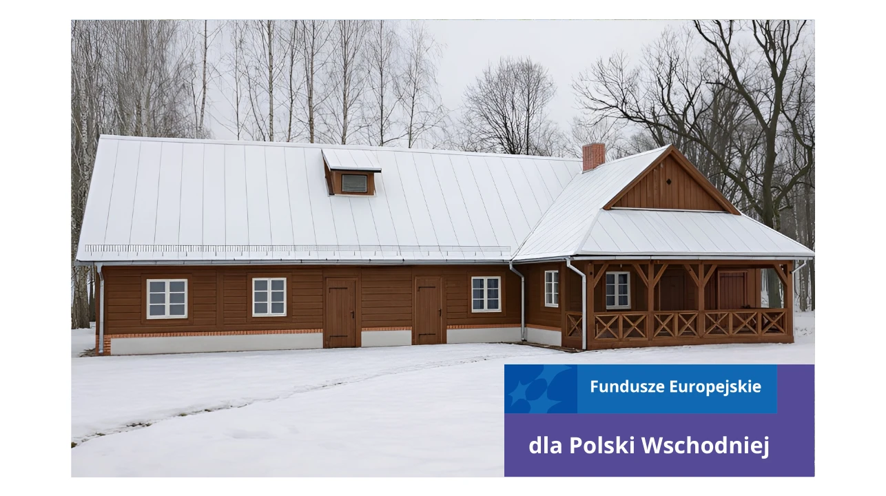 Baner promujący Fundusze Europejskie dla Polski Wschodniej z wizualizacją adaptacji drewnianej zabudowy